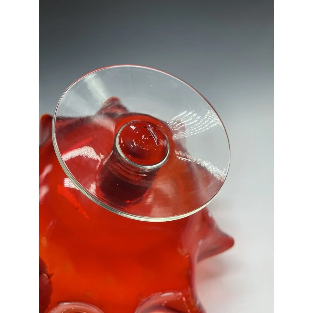 Vtg‎ Bischoff Amberina Ruffled Compote Bowl Bubbles Glass Clear Stem Banana Boat